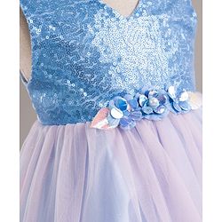 Babyhug Mesh Woven Sleeveless Party Wear Frock With Sequin Detailing & Floral Corsage - Light Blue