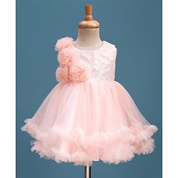 Babyhug Mesh Woven Fit & Flare Party Dress With Sequin Detailing & Corsage - Peach