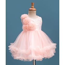 Babyhug Mesh Woven Fit & Flare Party Dress With Sequin Detailing & Corsage - Peach