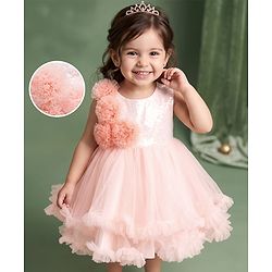Babyhug Mesh Woven Fit & Flare Party Dress With Sequin Detailing & Corsage - Peach