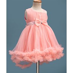 Babyhug Mesh Woven Sleeveless Party Dress With Sequin Detailing & Bow Applique - Peach