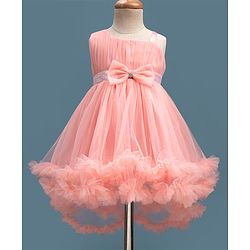 Babyhug Mesh Woven Sleeveless Party Dress With Sequin Detailing & Bow Applique - Peach