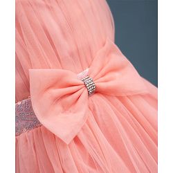 Babyhug Mesh Woven Sleeveless Party Dress With Sequin Detailing & Bow Applique - Peach