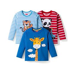 Babyhug Cotton Knit Full Sleeves Striped T-Shirts with Animal Print Pack of 3 - Blue White & Red