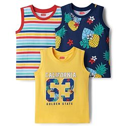 Babyhug Cotton Knit Sleeveless Tank T-Shirts with Tropical Theme Print & Stripes Pack of 3 - Multicolor