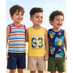 Babyhug Cotton Knit Sleeveless Tank T-Shirts with Tropical Theme Print & Stripes Pack of 3 - Multicolor