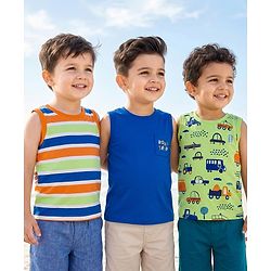 Babyhug Cotton Knit Sleeveless Tank T-Shirts with Vehicle Print & Stripes Pack of 3 - Multicolor