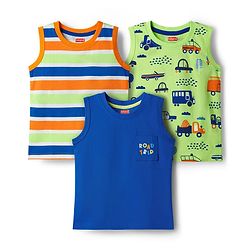 Babyhug Cotton Knit Sleeveless Tank T-Shirts with Vehicle Print & Stripes Pack of 3 - Multicolor