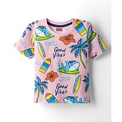 Babyhug Cotton Knit Half Sleeves T-Shirt with Beach Theme Print - Multicolor