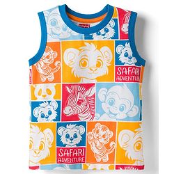 Babyhug Cotton Knit Sleeveless Tank T-Shirt with Animal Print - Multicolor