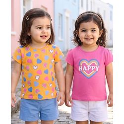 Babyhug Cotton Knit Half Sleeves T-Shirts With Heart & Text Print Pack of 2 - Multcolor