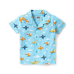 Babyhug Cotton Knit Half Sleeves Aeroplane & Helicopter  Printed Co-Ord Shirt & Short Night Suit - Light Blue