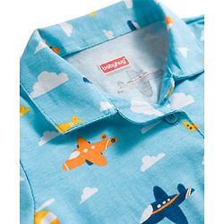 Babyhug Cotton Knit Half Sleeves Aeroplane & Helicopter  Printed Co-Ord Shirt & Short Night Suit - Light Blue
