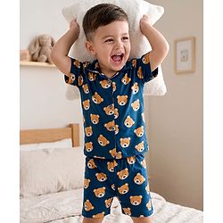 Babyhug Cotton Knit Half Sleeves Co-Ord Shirt & Shorts Night-Suit With Teddy Print - Navy Blue