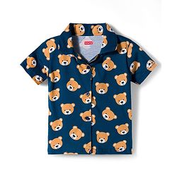 Babyhug Cotton Knit Half Sleeves Co-Ord Shirt & Shorts Night-Suit With Teddy Print - Navy Blue