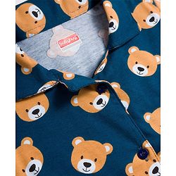 Babyhug Cotton Knit Half Sleeves Co-Ord Shirt & Shorts Night-Suit With Teddy Print - Navy Blue