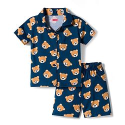 Babyhug Cotton Knit Half Sleeves Co-Ord Shirt & Shorts Night-Suit With Teddy Print - Navy Blue