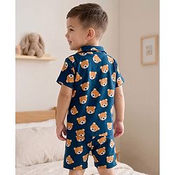 Babyhug Cotton Knit Half Sleeves Co-Ord Shirt & Shorts Night-Suit With Teddy Print - Navy Blue