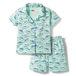 Babyhug Cotton Knit Half Sleeves Shirt & Shorts Co-ord Night Suit with Dino Print - Light Blue
