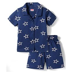 Babyhug Cotton Knit Half Sleeves Co-Ord Shirt & Short Night Suit with Star Print - Navy Blue