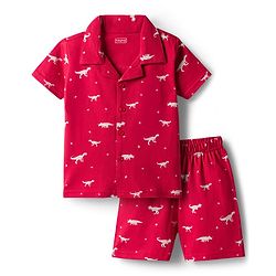 Babyhug 100% Cotton Knit Half Sleeves Shirt & Shorts Co-ord Night Suit With Dino Print - Red