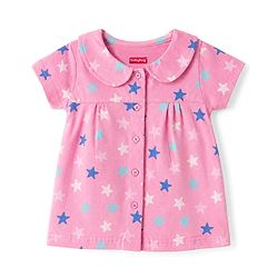 Babyhug Cotton Knit Half Sleeves Peter Pan Collared Top & Shorts Co-Ord Night Suit With Star Print - Pink