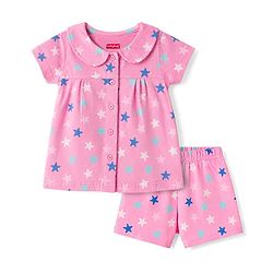 Babyhug Cotton Knit Half Sleeves Peter Pan Collared Top & Shorts Co-Ord Night Suit With Star Print - Pink