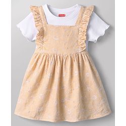 Babyhug Cotton Woven Frocks with Inner Tee Embroidered Beige 9-12 Months