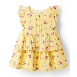 Babyhug Cotton Woven Frill Sleeves Frock with Floral Print - Cream