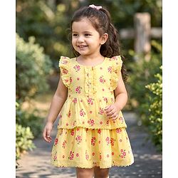 Babyhug Cotton Woven Frill Sleeves Frock with Floral Print - Cream