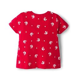 Babyhug Cotton Knit Half Sleeves Co-ords Top & Shorts Night Suit with Floral Print & Bow Applique - Red