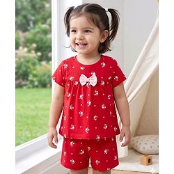 Babyhug Cotton Knit Half Sleeves Co-ords Top & Shorts Night Suit with Floral Print & Bow Applique - Red
