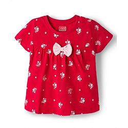 Babyhug Cotton Knit Half Sleeves Co-ords Top & Shorts Night Suit with Floral Print & Bow Applique - Red