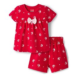Babyhug Cotton Knit Half Sleeves Co-ords Top & Shorts Night Suit with Floral Print & Bow Applique - Red