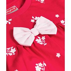 Babyhug Cotton Knit Half Sleeves Co-ords Top & Shorts Night Suit with Floral Print & Bow Applique - Red