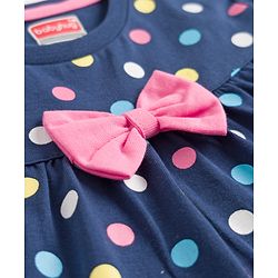 Babyhug Cotton Knit Half Sleeves Co-ords Top & Shorts Night Suit with Polka Dot Print & Bow Applique - Navy Blue
