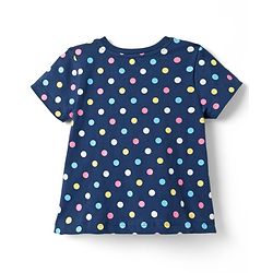 Babyhug Cotton Knit Half Sleeves Co-ords Top & Shorts Night Suit with Polka Dot Print & Bow Applique - Navy Blue