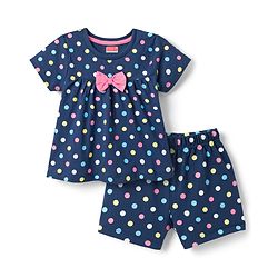 Babyhug Cotton Knit Half Sleeves Co-ords Top & Shorts Night Suit with Polka Dot Print & Bow Applique - Navy Blue