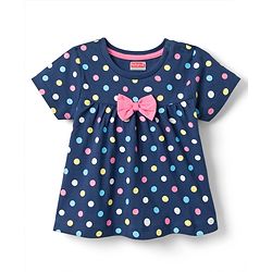 Babyhug Cotton Knit Half Sleeves Co-ords Top & Shorts Night Suit with Polka Dot Print & Bow Applique - Navy Blue