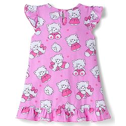 Babyhug Cotton Knit Frill Sleeves Nighty with Kitty Print - Pink
