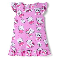 Babyhug Cotton Knit Frill Sleeves Nighty with Kitty Print - Pink