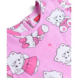 Babyhug Cotton Knit Frill Sleeves Nighty with Kitty Print - Pink
