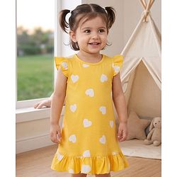 Babyhug Cotton Knit Half Sleeves Nighty With Polka Dot Print - Yellow