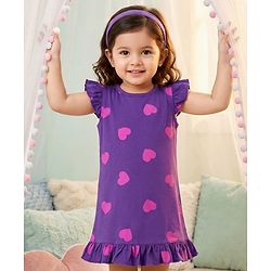Babyhug Cotton Knit Half Sleeves Hearts Printed Nighty - Purple