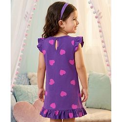 Babyhug Cotton Knit Half Sleeves Hearts Printed Nighty - Purple