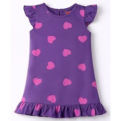 Babyhug Cotton Knit Half Sleeves Hearts Printed Nighty - Purple