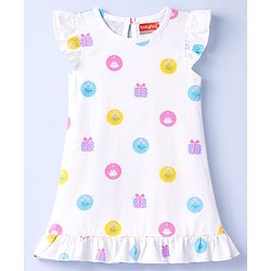 Babyhug Cotton Knit Half Sleeves Nighty With Floral & Gift Print - White