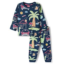 Babyhug Cotton Knit Full Sleeves Co-ords T-Shirt & Pajama Night Suit with Jungle Theme Print - Navy Blue