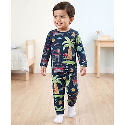 Babyhug Cotton Knit Full Sleeves Co-ords T-Shirt & Pajama Night Suit with Jungle Theme Print - Navy Blue