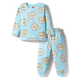 Babyhug Cotton Knit Full Sleeves Co-ords T-Shirt & Pajama Night Suit with Bear Print - Light Blue